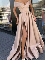 BMbride A-Line/Elegant Satin Ruffles Off-the-Shoulder Sleeveless Prom Dresses BMbride
