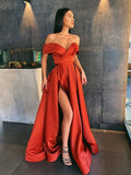 BMbride A-Line/Elegant Satin Ruffles Off-the-Shoulder Sleeveless Prom Dresses BMbride