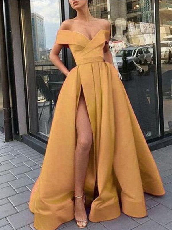 BMbride A-Line/Elegant Satin Ruffles Off-the-Shoulder Sleeveless Prom Dresses BMbride