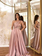 BMbride A-Line/Elegant Satin Sleeveless Ruched One-Shoulder Prom Dresses BMbride