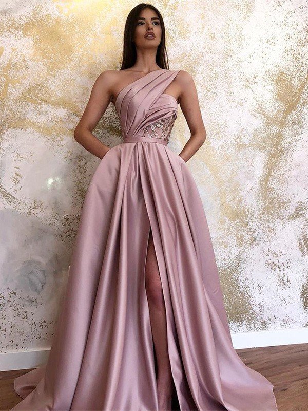 BMbride A-Line/Elegant Satin Sleeveless Ruched One-Shoulder Prom Dresses BMbride