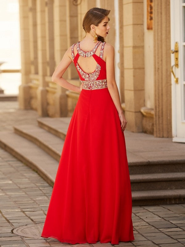BMbride A-Line/Elegant Scoop Beading Sleeveless Floor-length Chiffon Prom Dresses BMbride