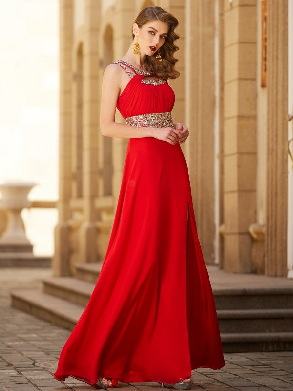 BMbride A-Line/Elegant Scoop Beading Sleeveless Floor-length Chiffon Prom Dresses BMbride