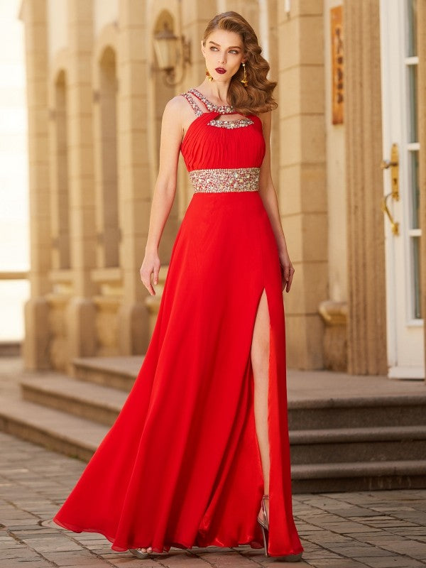 BMbride A-Line/Elegant Scoop Beading Sleeveless Floor-length Chiffon Prom Dresses BMbride
