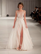 BMbride A-Line/Elegant Scoop Sleeveless Short Sleeves Floor-length Organza Prom Prom Dresses BMbride