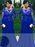 A-Line/Elegant Sheer Neck Long Sleeves Applique Floor-Length Chiffon Plus Size Prom Dresses BM bride