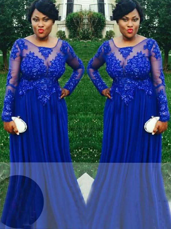A-Line/Elegant Sheer Neck Long Sleeves Applique Floor-Length Chiffon Plus Size Prom Dresses BM bride