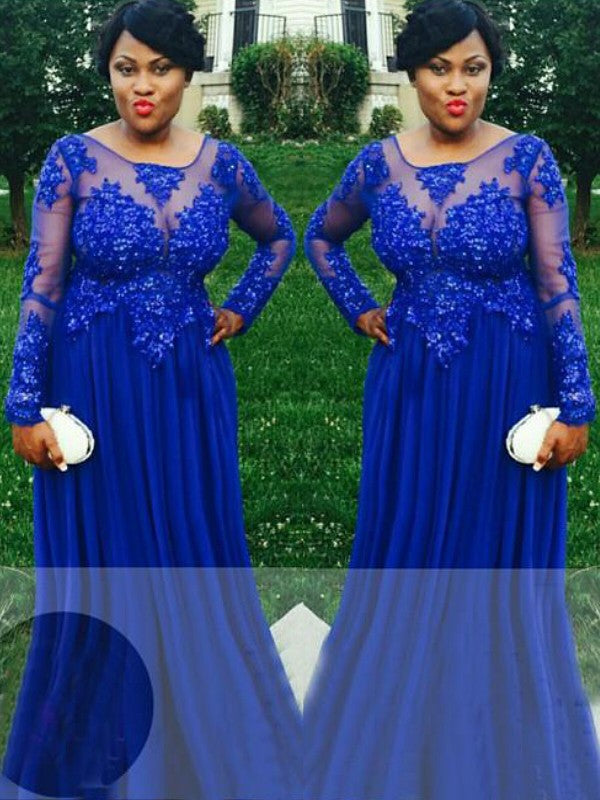 BMbride A-Line/Elegant Sheer Neck Long Sleeves Applique Floor-Length Chiffon Plus Size Prom Dresses BMbride
