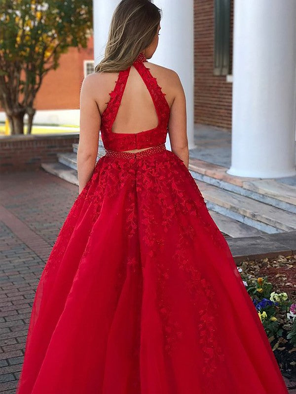 BMbride A-Line/Elegant Sleeveless Halter Beading Tulle Floor-Length Two Piece Prom Dresses BMbride