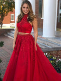 BMbride A-Line/Elegant Sleeveless Halter Beading Tulle Floor-Length Two Piece Prom Dresses BMbride