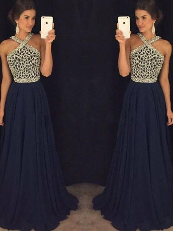 A-Line/Elegant Sleeveless Halter Chiffon Beading Floor-Length Prom Dresses BM bride