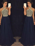 A-Line/Elegant Sleeveless Halter Chiffon Beading Floor-Length Prom Dresses BM bride