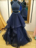 A-Line/Elegant Sleeveless Halter Tulle Beading Floor-Length Two Piece Prom Dresses BM bride