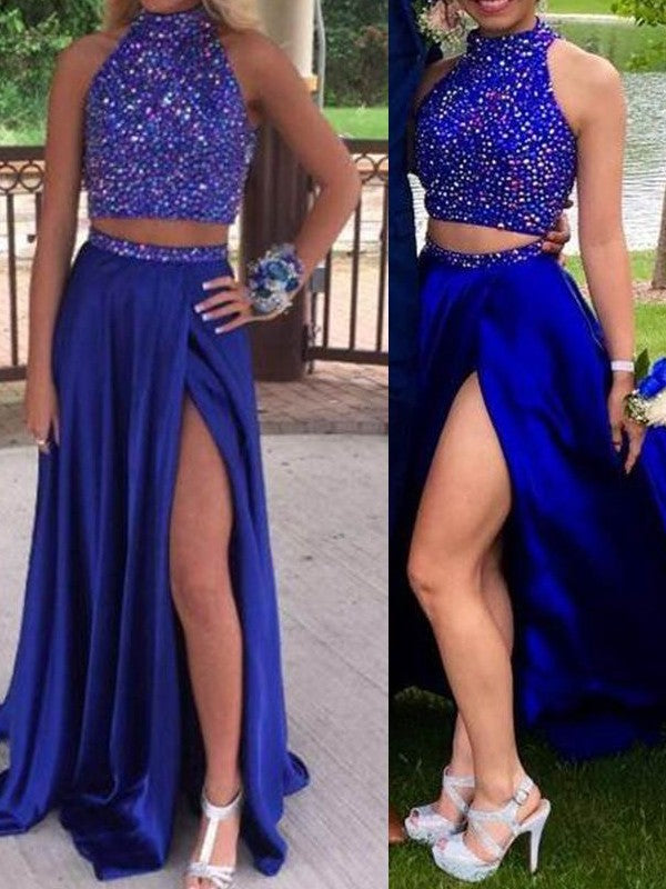 BMbride A-Line/Elegant Sleeveless High Neck Elastic Woven Satin Beading Two Piece Prom Dresses BMbride