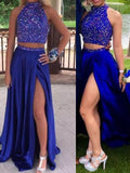 BMbride A-Line/Elegant Sleeveless High Neck Elastic Woven Satin Beading Two Piece Prom Dresses BMbride
