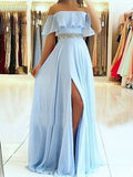 A-Line/Elegant Sleeveless Off-the-Shoulder Floor-Length Beading Chiffon Prom Dresses BM bride
