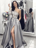 A-Line/Elegant Sleeveless One-Shoulder Applique Satin Prom Dresses BM bride