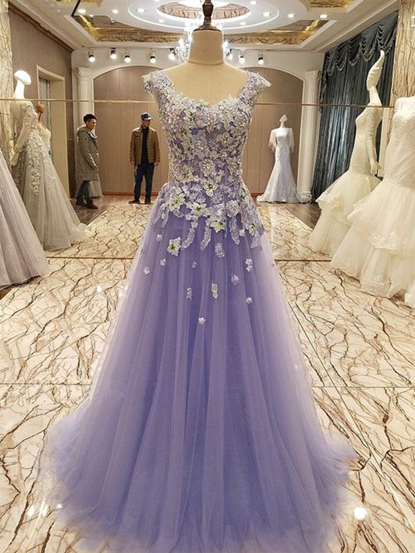 BMbride A-Line/Elegant Sleeveless Scoop Floor-Length Applique Tulle Prom Dresses BMbride