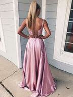 BMbride A-Line/Elegant Sleeveless Square Applique Silk like Satin Two Piece Prom Dresses BMbride