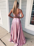 BMbride A-Line/Elegant Sleeveless Square Applique Silk like Satin Two Piece Prom Dresses BMbride