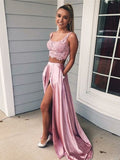 BMbride A-Line/Elegant Sleeveless Square Applique Silk like Satin Two Piece Prom Dresses BMbride