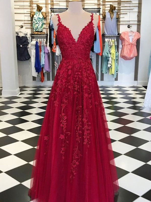A-Line/Elegant Sleeveless V-neck Floor-Length Applique Tulle Prom Gowns BM bride