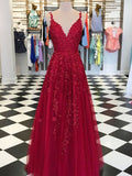 A-Line/Elegant Sleeveless V-neck Floor-Length Applique Tulle Prom Gowns BM bride