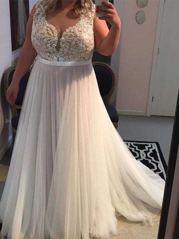 A-Line/Elegant Straps Sleeveless Applique Tulle Plus Size Prom Dresses BM bride