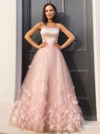 BMbride A-Line/Elegant Tulle Hand-Made Flower Straps Floor-Length Sleeveless Prom Dresses BMbride