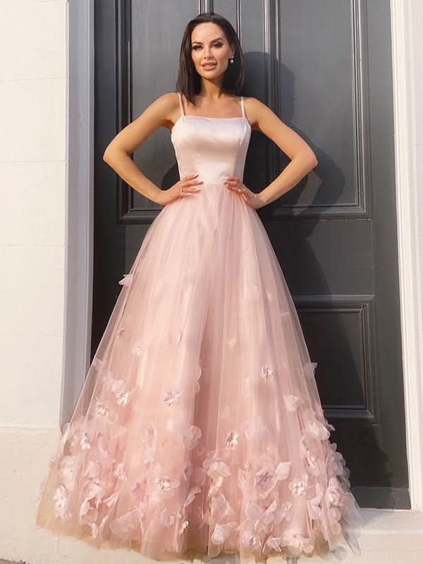 BMbride A-Line/Elegant Tulle Hand-Made Flower Straps Floor-Length Sleeveless Prom Dresses BMbride