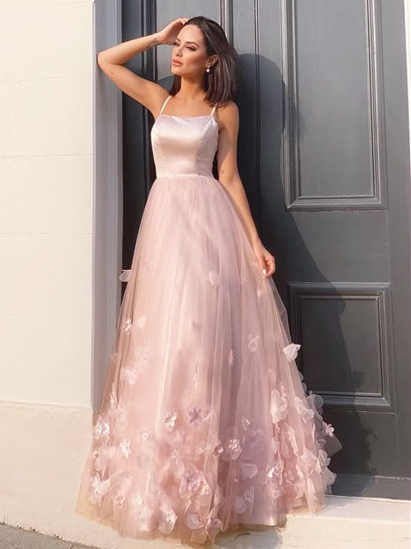 BMbride A-Line/Elegant Tulle Hand-Made Flower Straps Floor-Length Sleeveless Prom Dresses BMbride