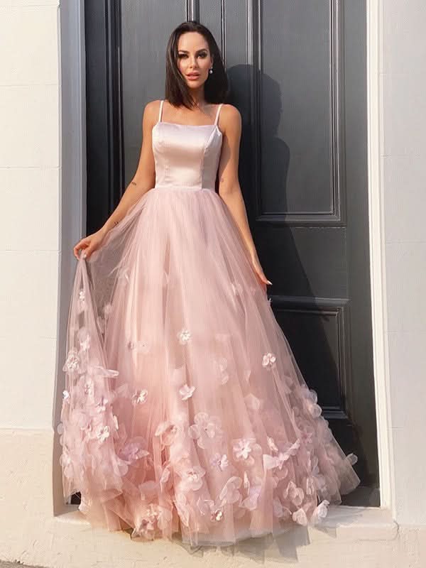 BMbride A-Line/Elegant Tulle Hand-Made Flower Straps Floor-Length Sleeveless Prom Dresses BMbride