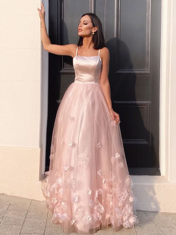 BMbride A-Line/Elegant Tulle Hand-Made Flower Straps Floor-Length Sleeveless Prom Dresses BMbride