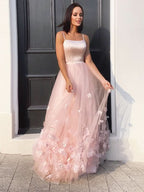 BMbride A-Line/Elegant Tulle Hand-Made Flower Straps Floor-Length Sleeveless Prom Dresses BMbride