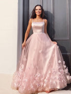 BMbride A-Line/Elegant Tulle Hand-Made Flower Straps Floor-Length Sleeveless Prom Dresses BMbride