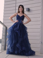 BMbride A-Line/Elegant Tulle Layers V-neck Sleeveless Floor-Length Prom Dresses BMbride