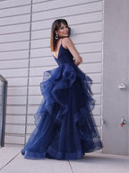 BMbride A-Line/Elegant Tulle Layers V-neck Sleeveless Floor-Length Prom Dresses BMbride