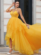 BMbride A-Line/Elegant Tulle Ruffles V-neck Sleeveless Asymmetrical Prom Dresses BMbride
