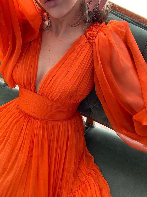 BMbride A-Line/Elegant V-neck Long Sleeves 3D Chiffon Ruffles Prom Dresses BMbride