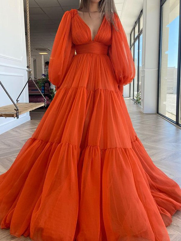 BMbride A-Line/Elegant V-neck Long Sleeves 3D Chiffon Ruffles Prom Dresses BMbride