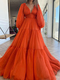 BMbride A-Line/Elegant V-neck Long Sleeves 3D Chiffon Ruffles Prom Dresses BMbride