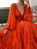 BMbride A-Line/Elegant V-neck Long Sleeves 3D Chiffon Ruffles Prom Dresses BMbride