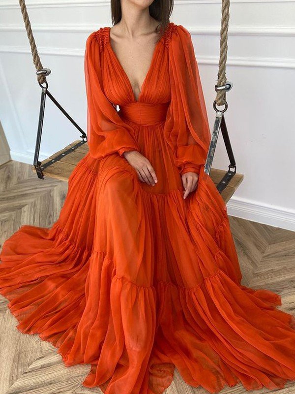 BMbride A-Line/Elegant V-neck Long Sleeves 3D Chiffon Ruffles Prom Dresses BMbride