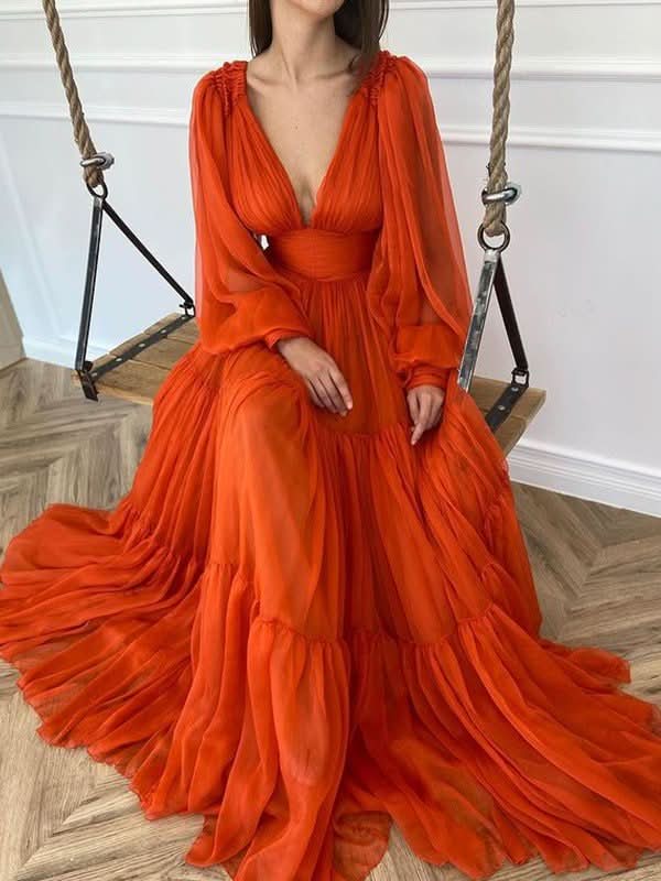 BMbride A-Line/Elegant V-neck Long Sleeves 3D Chiffon Ruffles Prom Dresses BMbride