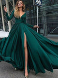 A-Line/Elegant V-Neck Long Sleeves Floor-Length Ruffles Satin Chiffon Prom Dresses BM bride
