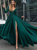 BMbride A-Line/Elegant V-Neck Long Sleeves Floor-Length Ruffles Satin Chiffon Prom Dresses BMbride