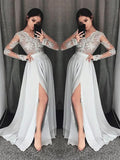 A-Line/Elegant V-neck Long Sleeves Lace Chiffon Prom Dresses BM bride