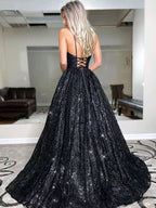 BMbride A-Line/Elegant V-neck Sequin Sleeveless Sequins Prom Dresses BMbride