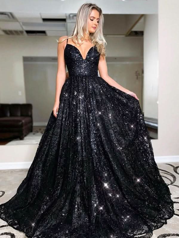 BMbride A-Line/Elegant V-neck Sequin Sleeveless Sequins Prom Dresses BMbride