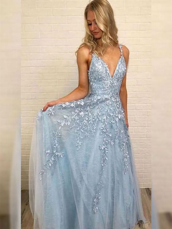A-Line/Elegant V-neck Sleeveless Floor-Length Applique Tulle Prom Dresses BM bride